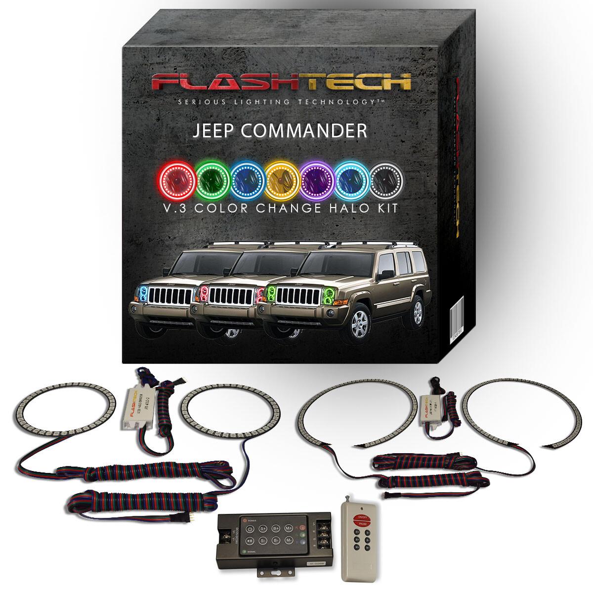RGB Multi Color LED Halo kit with RF Remote for 06-10 Jeep Commander Headlights