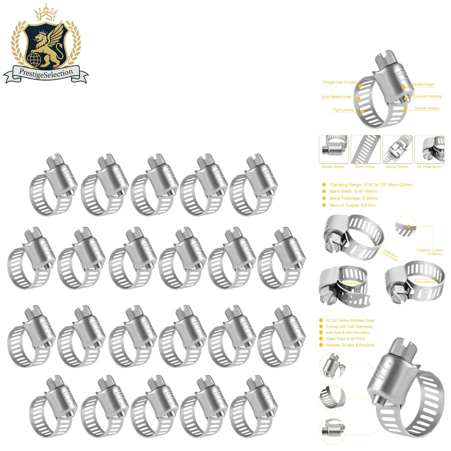 High Torque Stainless Steel Hose Clamps - 22 Pack, Adjustable Range 5/16\