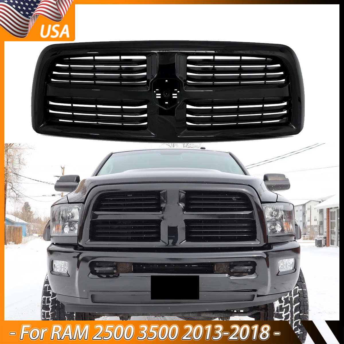 New Gloss Black Front Grille Assembly For DODGE RAM 2500 3500 2013-2018 Big Horn