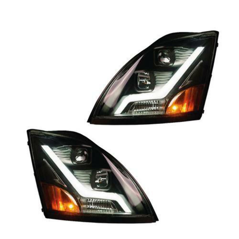 Fortpro Black Housing Headlight with Light Bar Compatible with Volvo VN/VNL - Bo
