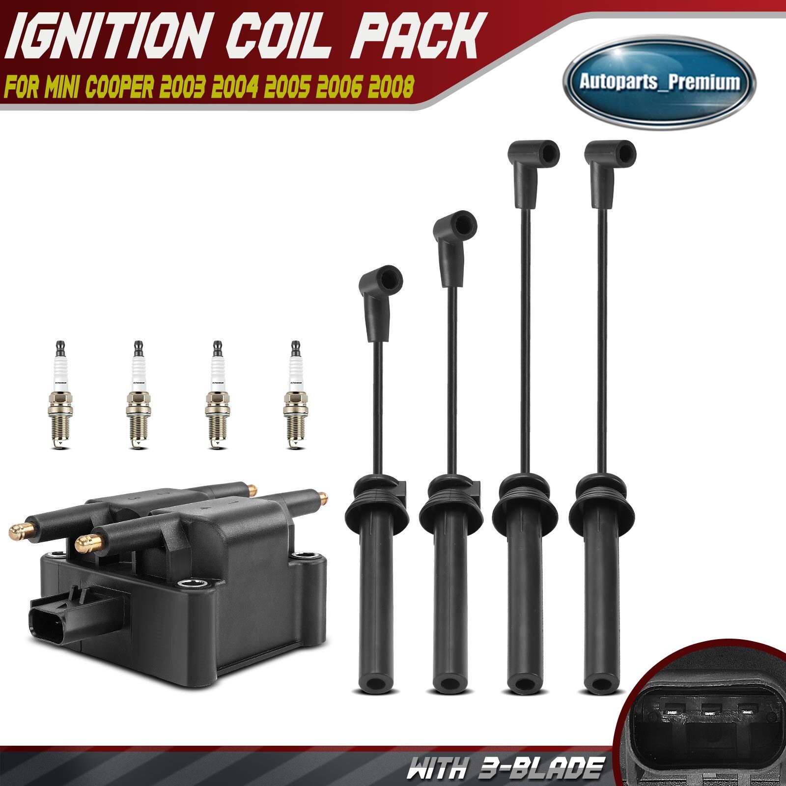 1x Ignition Coil & 4x Iridium Spark Plugs & 4x Wires for Mini Cooper 02-06 2008