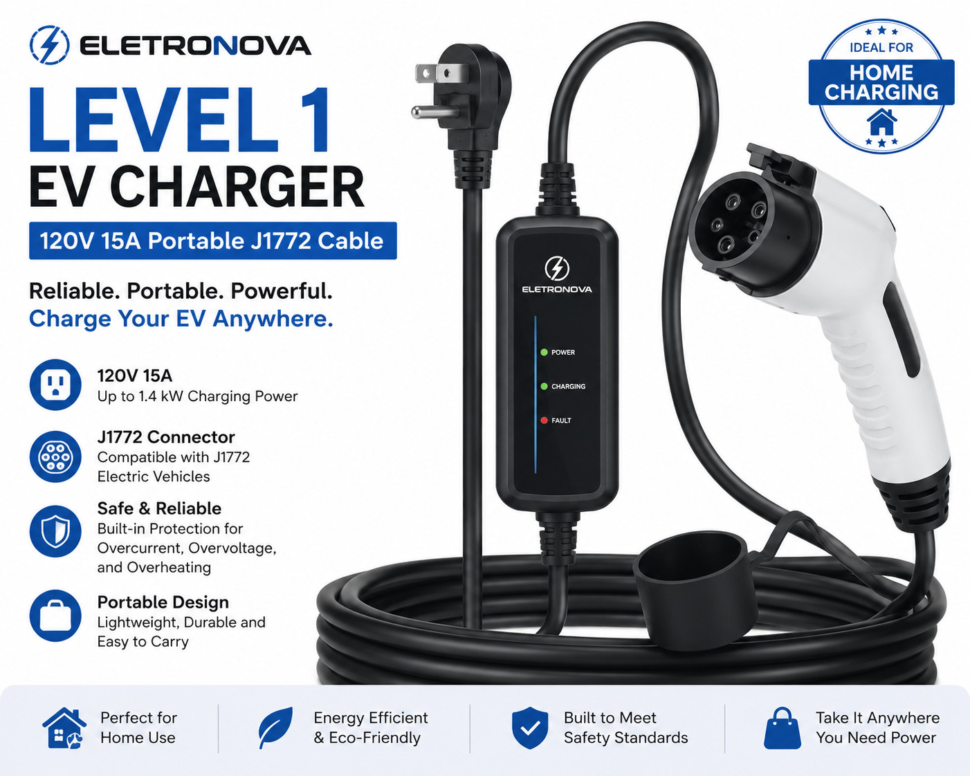 Eletronova Level 1 EV Charger 120V 15A Portable J1772 Cable for Electric Cars Eletronova Level 1 EV Charger 120V 15A Portable J1772 Cable for Electric Cars