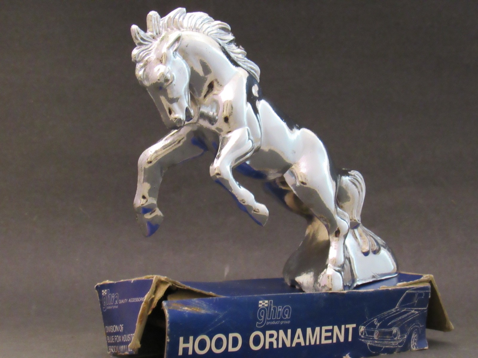 New Old Stock Chrome Rearing Horse Hood Ornament with Display Base