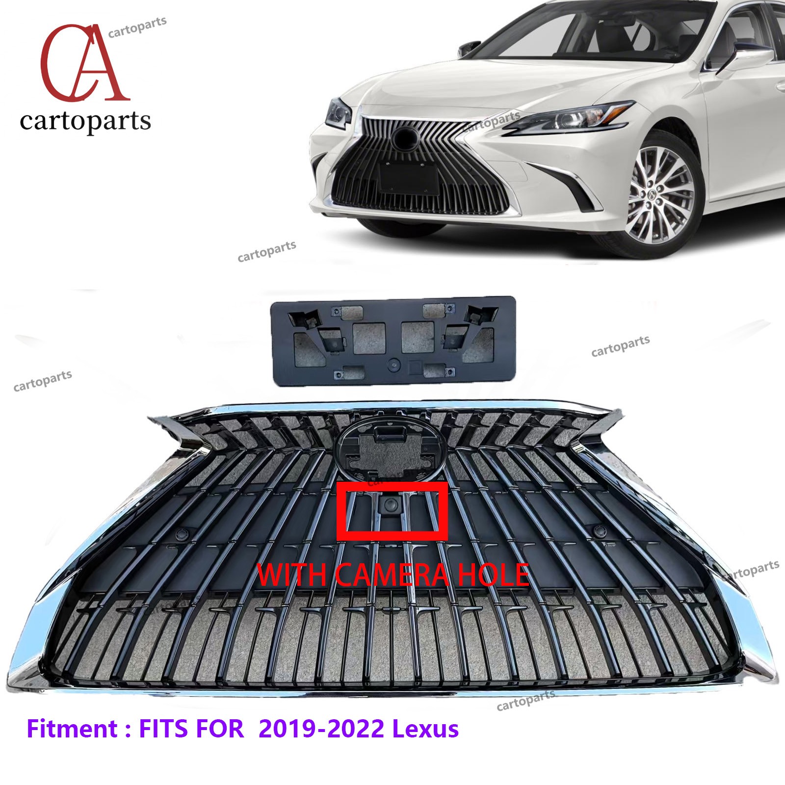 Front Bumper Grille W/Chrome Outer Frame For 2019-2022 Lexus W/Camera Hole