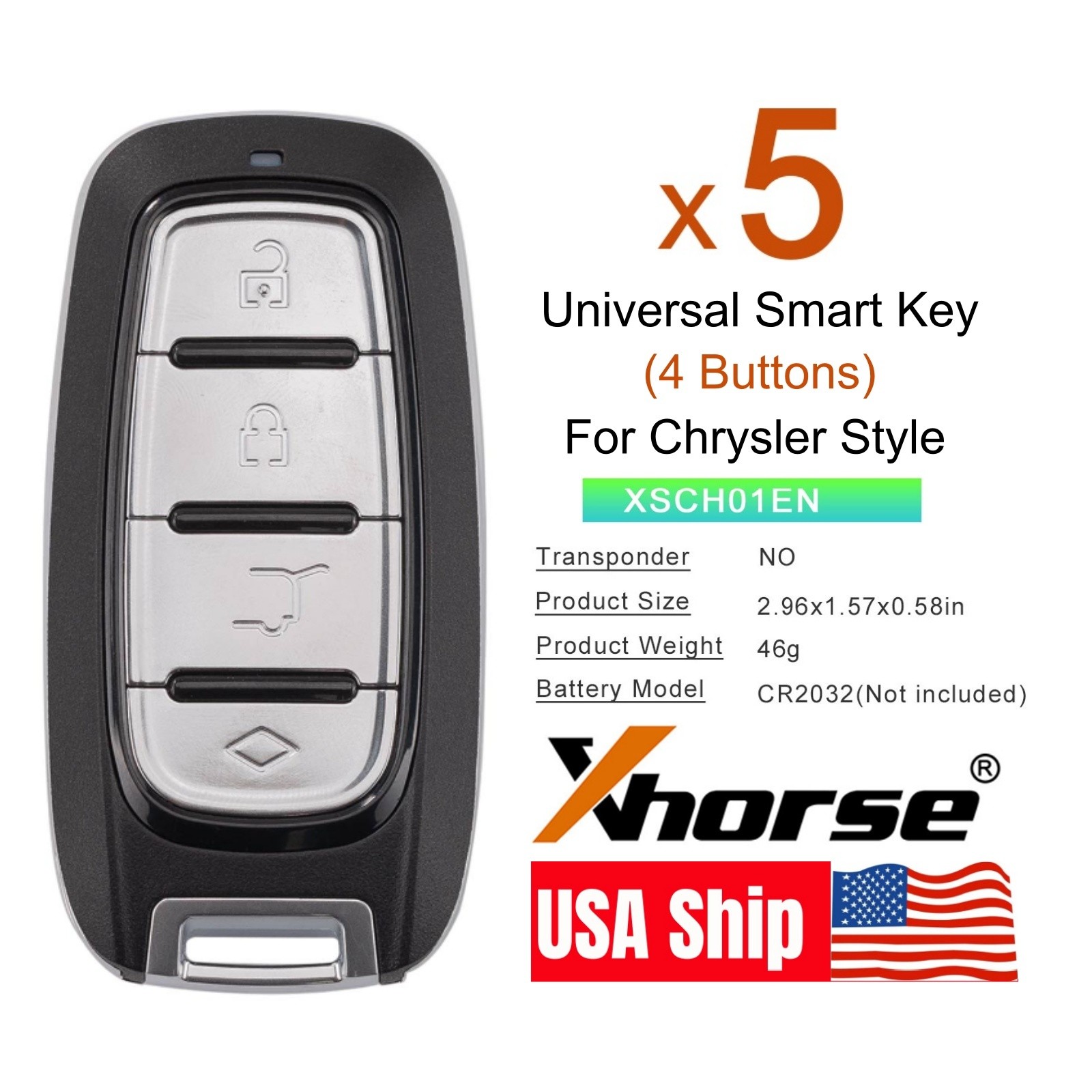 5 x Xhorse XM38 for Chrysler Style Universal Remote Smart Key 4 Buttons XSCH01EN