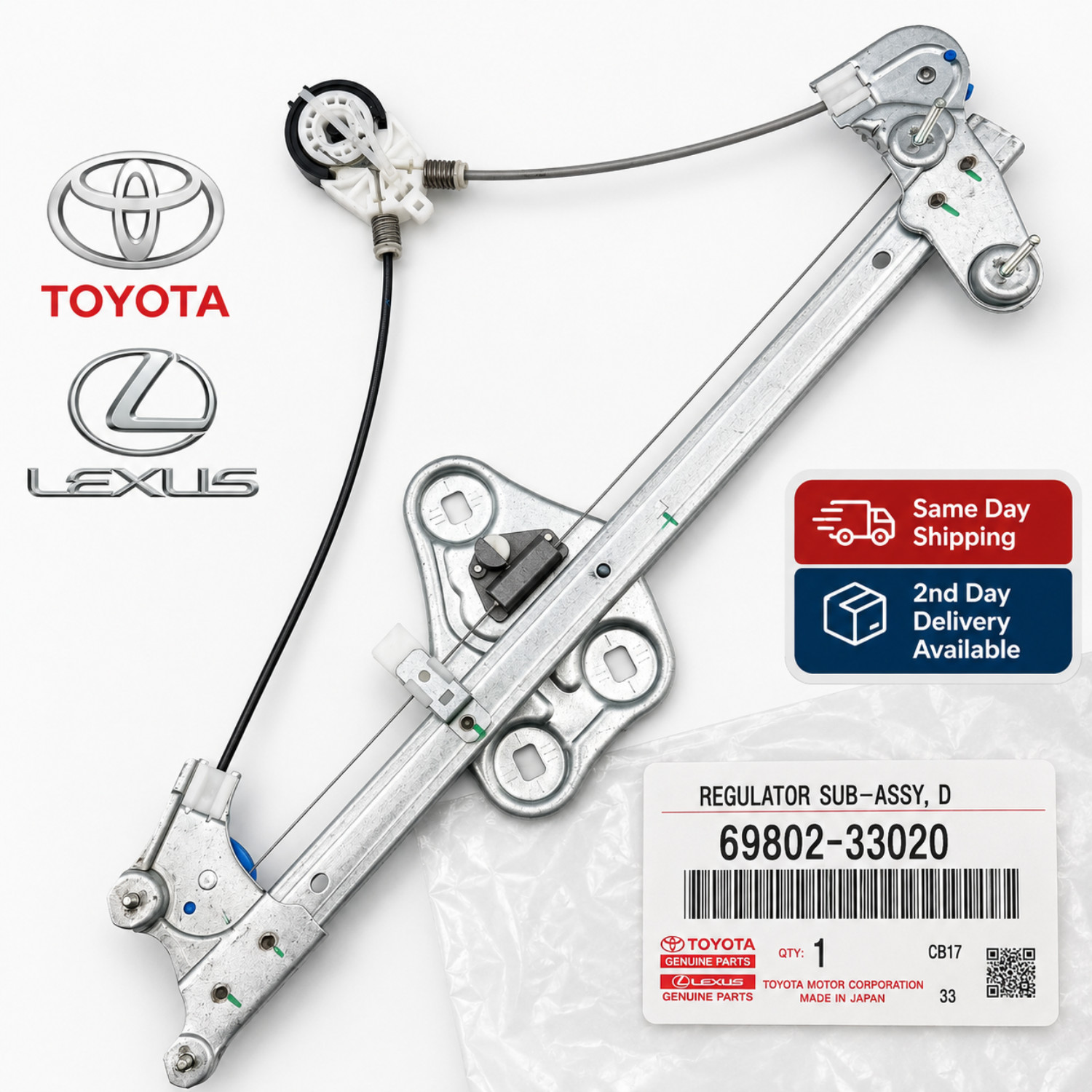 Genuine Lexus 1997-2001 ES300 Left Front Door Window Regulator 69802-33020 OEM Genuine Lexus 1997-2001 ES300 Left Front Door Window Regulator 69802-33020 OEM