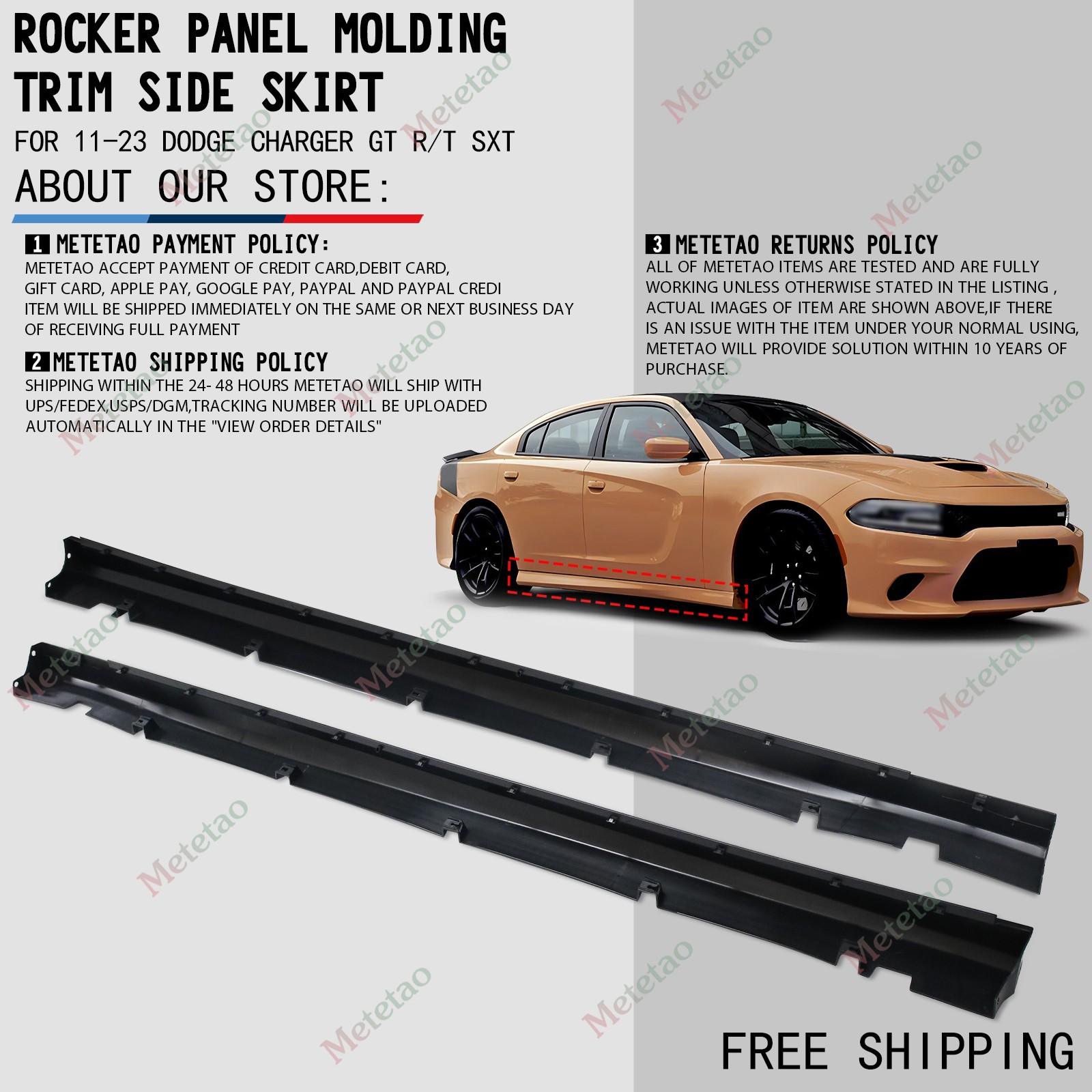 Pair Left & Right Side Skirts Rocker Panel For 2011-2023 Dodge Charger SRT