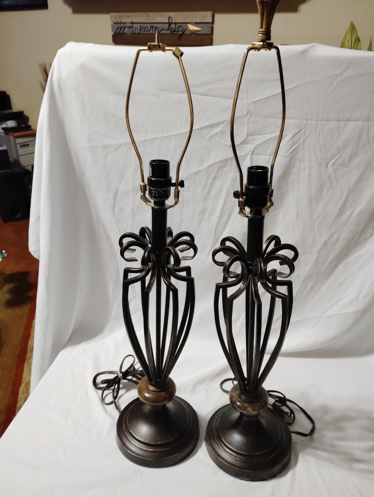Pair Vintage Black Metal Open Cage Table Lamps Wrought Iron