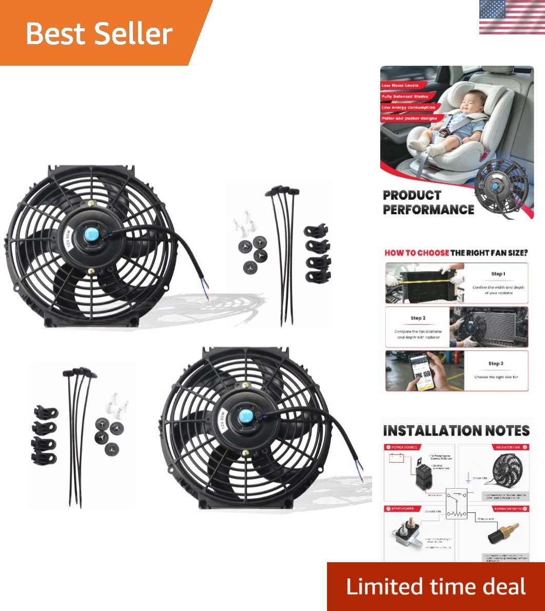 Universal 10 Inch Electric Radiator Push/Pull Fans - 12V, Low Noise Pack of 2