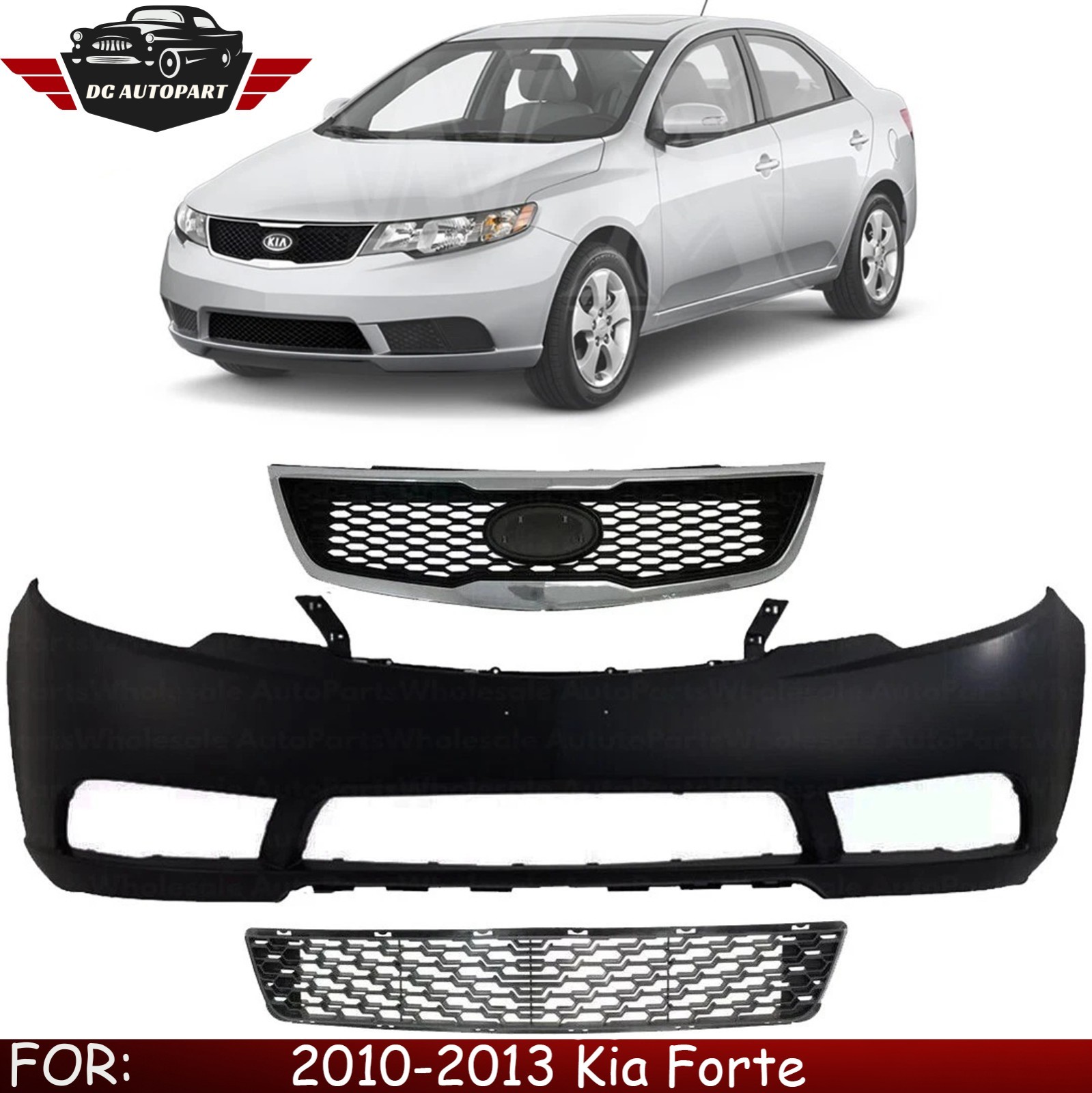 Front Bumper Cover Fascia & Grille Assembly Kit For 2010-2013 Kia Forte