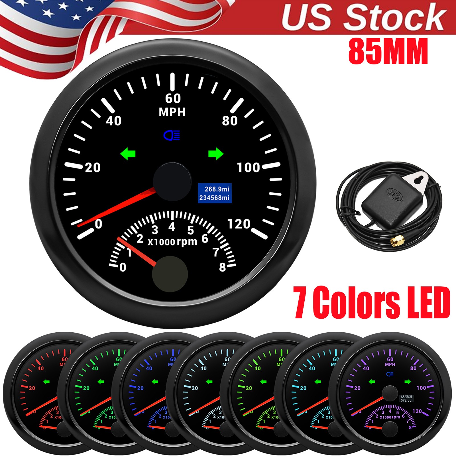85MM Black GPS Speedometer 120MPH With Tachometer 8000RPM Gauge For Boat Car US 85MM Black GPS Speedometer 120MPH With Tachometer 8000RPM Gauge For Boat Car US