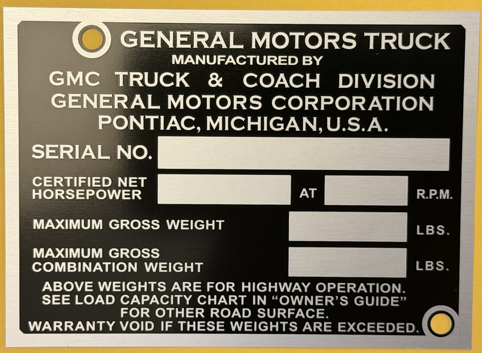 1953-54 GMC Truck Blue Chip Door/Dash GVWR Trim ID Plate ***STAMPED w/ Ur Info 1953-54 GMC Truck Blue Chip Door/Dash GVWR Trim ID Plate ***STAMPED w/ Ur Info
