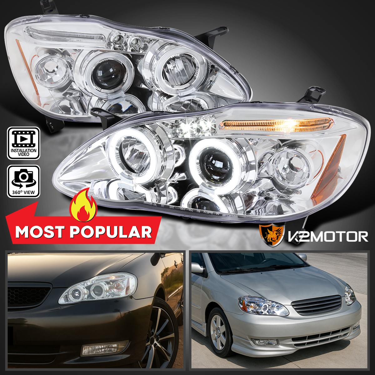 Fits 2003-2008 Toyota Corolla LED Halo Projector Headlights Lamp Left+Right Fits 2003-2008 Toyota Corolla LED Halo Projector Headlights Lamp Left+Right