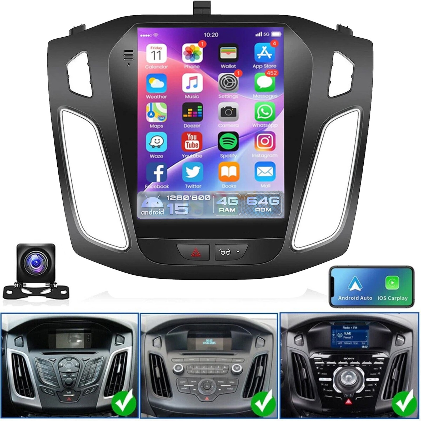 64G Apple Carplay For Ford Focus 2012-2018 Radio Stereo Android 16 GPS Cam
