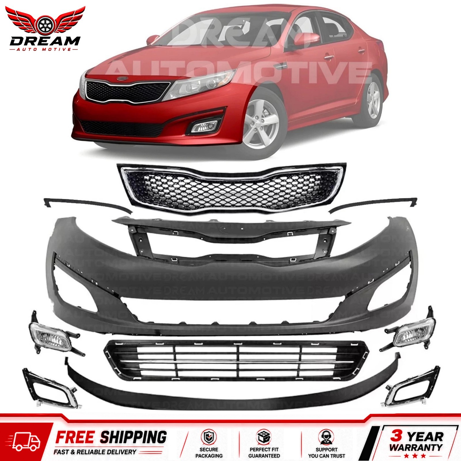 Front Bumper Cover Fascia & Grille Assembly Kit for 2014-2015 Kia Optima Korean