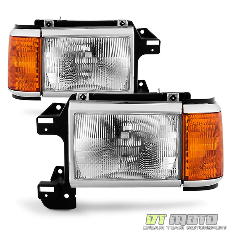 1987-1991 Ford Bronco F150 F250 Truck Headlights Chrome Trim Headlamps Pair Set 1987-1991 Ford Bronco F150 F250 Truck Headlights Chrome Trim Headlamps Pair Set