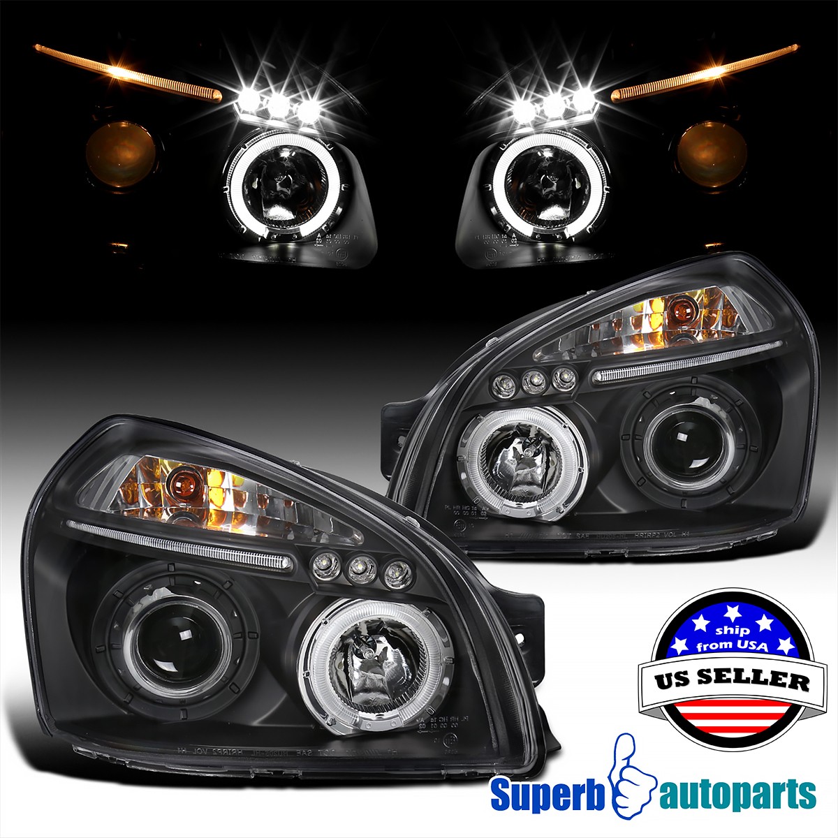 Fits 2005-2009 Hyundai Tucson Halo Projector Headlights LED Tube Lamp 05-09