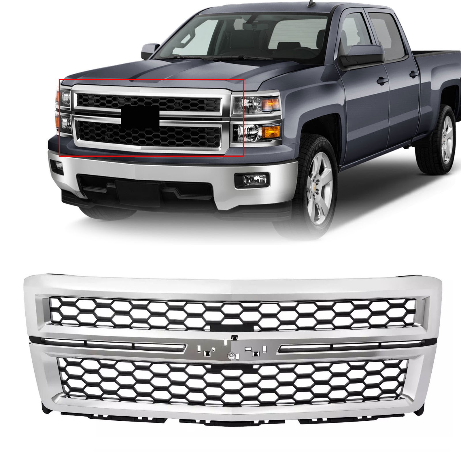 Front Bumper Upper Grille Grill For 2014 2015 Chevrolet Silverado 1500 Chrome