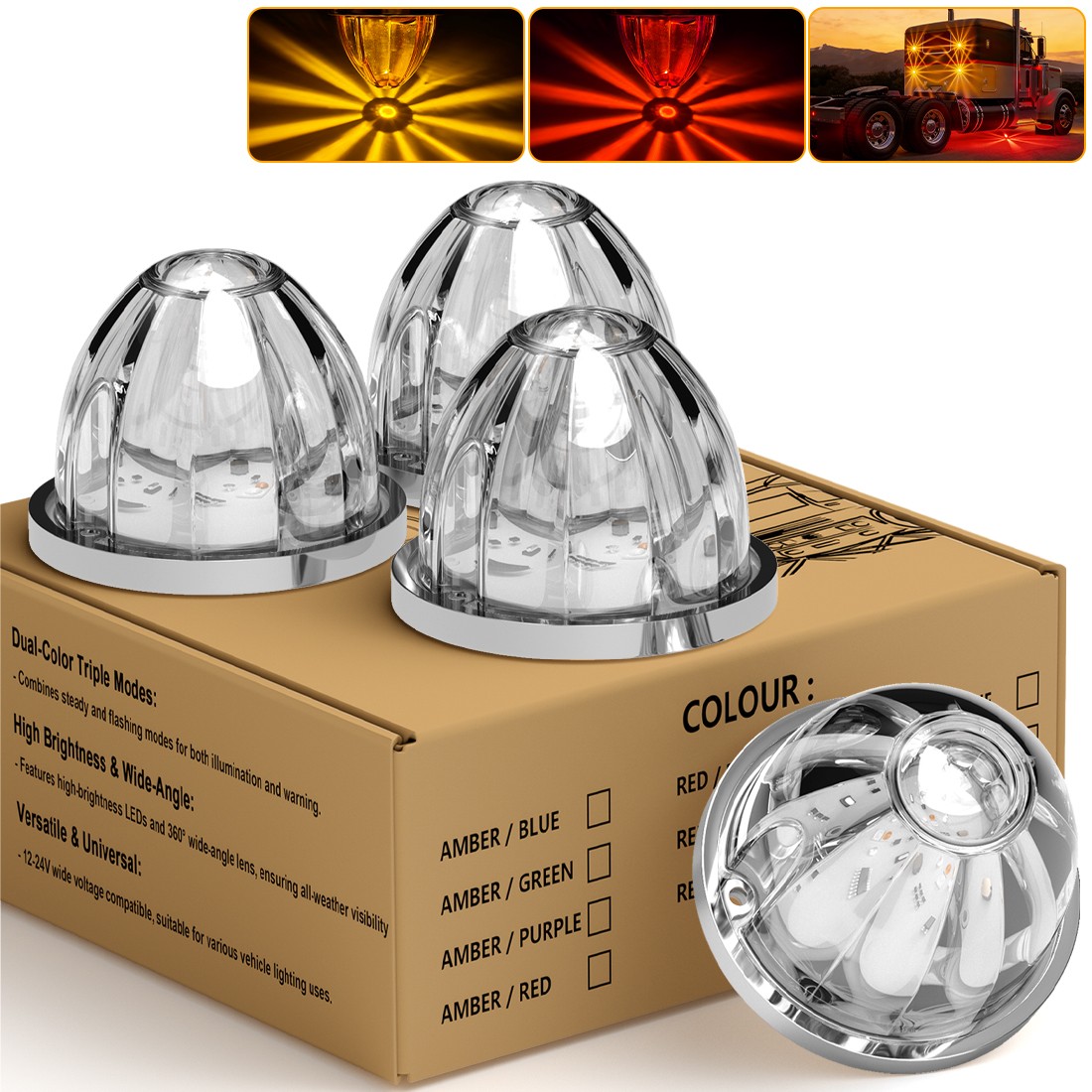 4x Dual Color LED Watermelon Lights Red Amber Truck Trailer Side Marker Lights