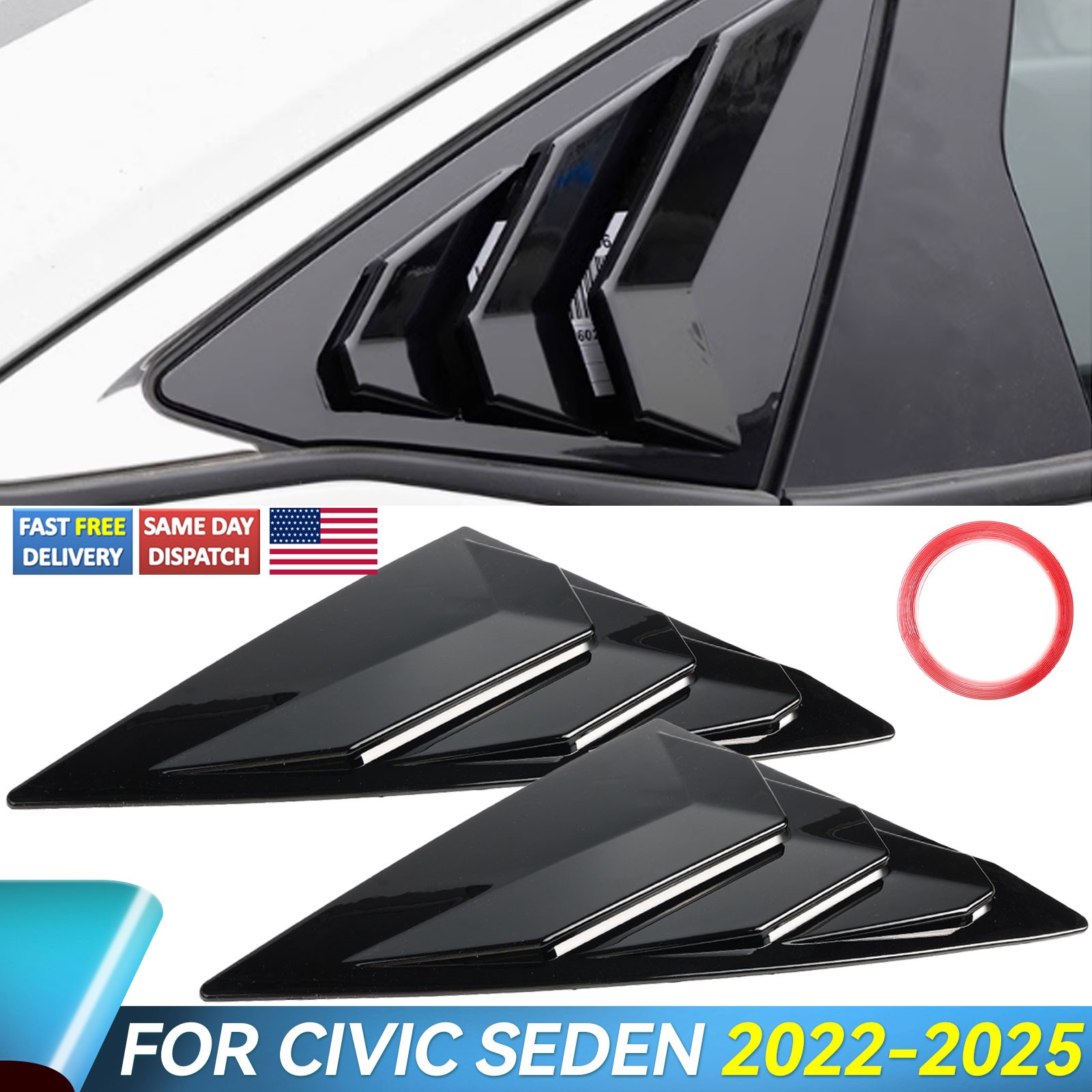 For 2022-25 Honda Civic Sedan Gloss Black Quarter Panel Rear Side Window Louver.