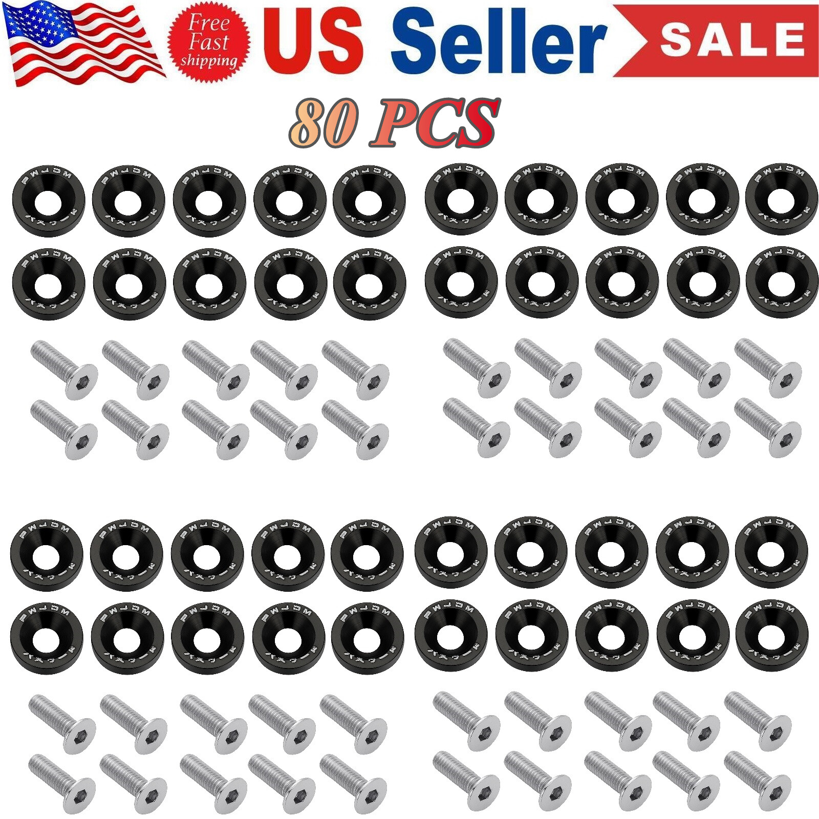40PC JDM Billet Aluminum Fender Bumper Washer Bolt Engine Bay Dress Up Kit Black