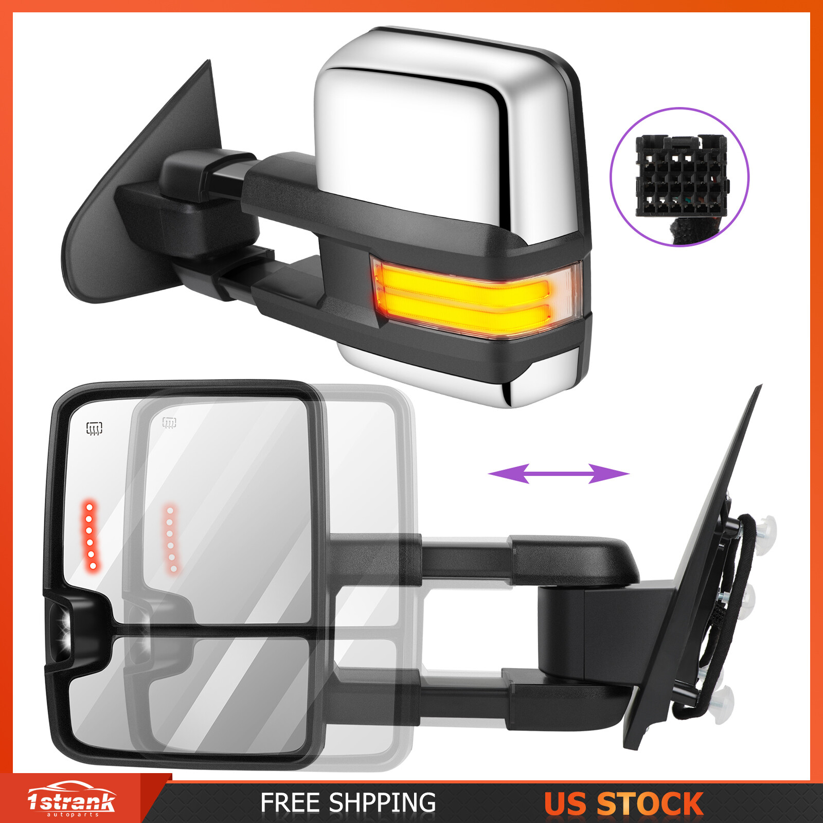 Chrome Power Heated Tow Mirrors For 2015-2018 Chevy GMC 2500 HD 3500 HD Pair