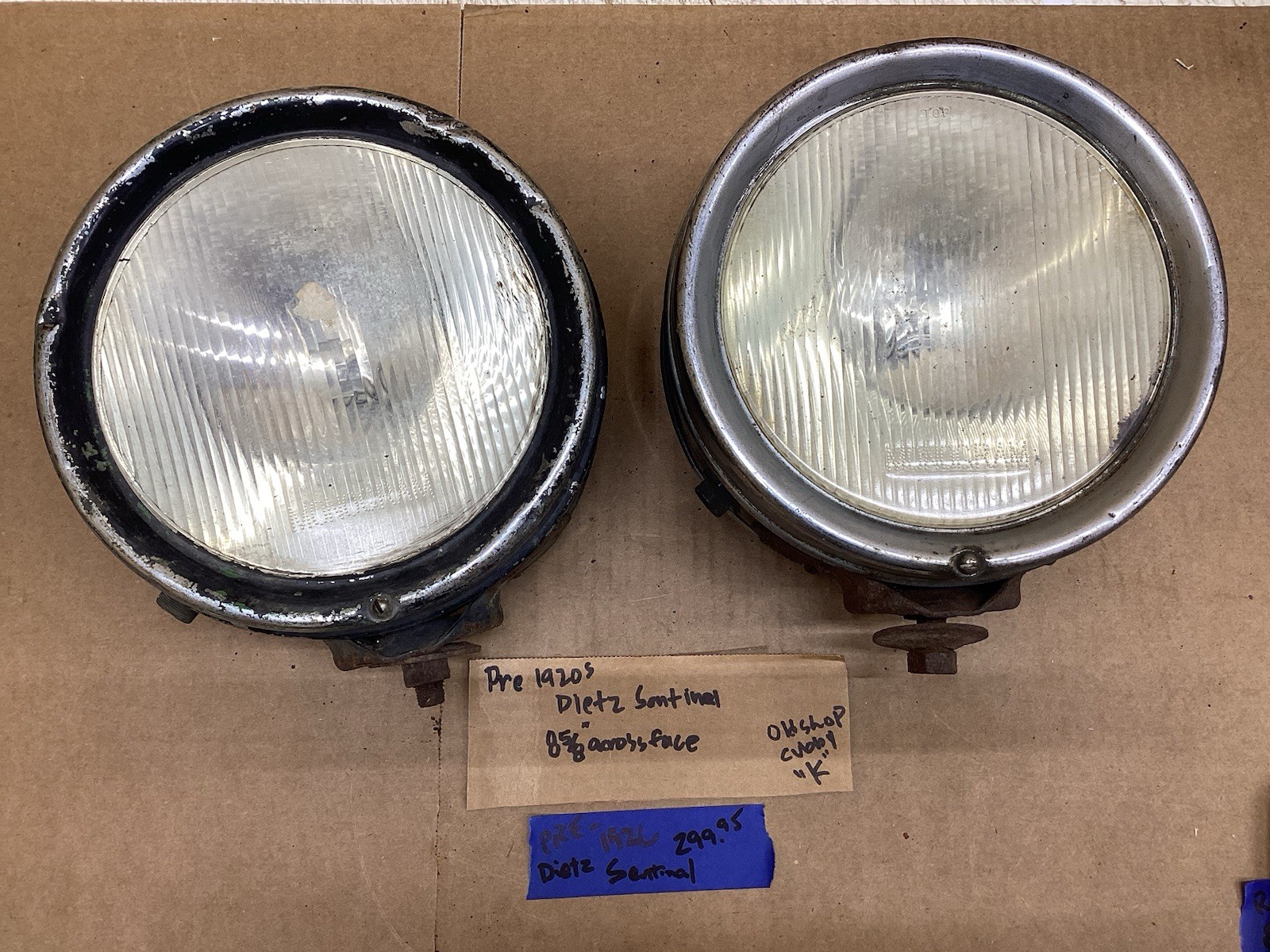 EaRLy PAIR Pre 1920s Headlamp DIETZ SENTINAL auto TRUCK headLight MOMOGRAM glass
