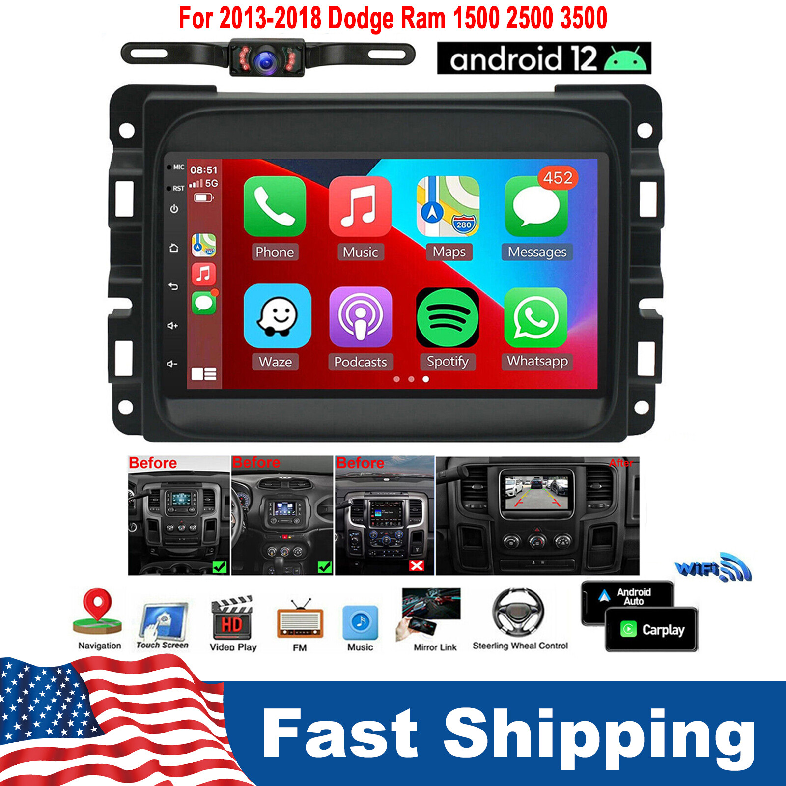 For Dodge Ram 1500 2500 3500 2013 14 15 16-2018 Radio Car Stereo Android Carplay