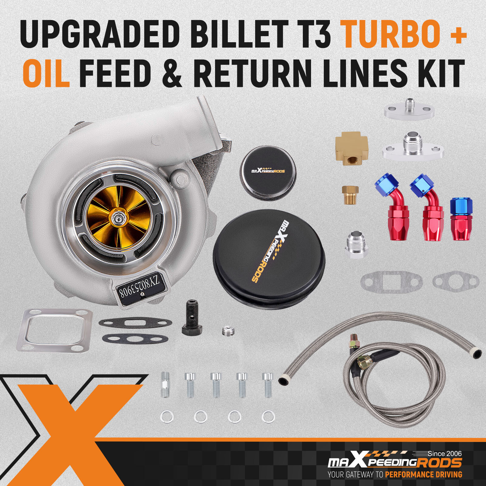 Billet Turbo GT3076 GT3037 GT30 T3 Flange 500HP + Oil In & Return Line Kit