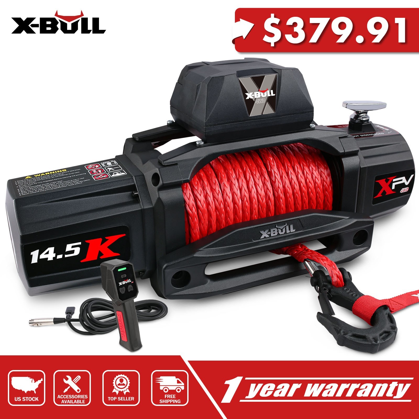 X-BULL Winch 14500LB 12000LB Synthetic Wired Cordless Waterproof Traile Jeep 4×4