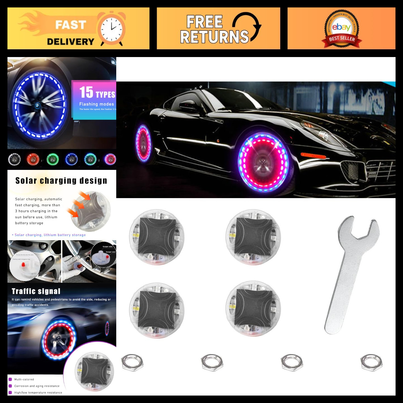 4PCS Colorful LED Tire Wheel Lights - Motion Sensor, Solar Waterproof Valve Caps