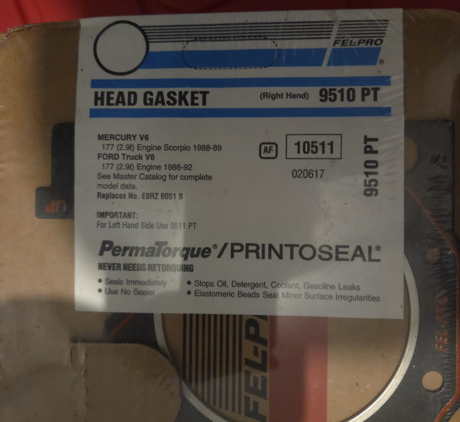 FEL-PRO Head Gasket 9510/9511 PT. Timing Cover TCS 45791. Valve Cover VS 50312 C FEL-PRO Head Gasket 9510/9511 PT. Timing Cover TCS 45791. Valve Cover VS 50312 C