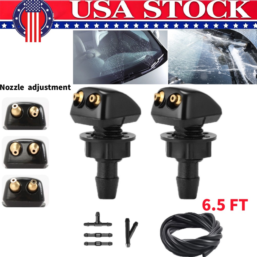 2Pcs Front Windshield Washer Nozzle Wiper Water Spray Jet + 6.5ft Hose Connector