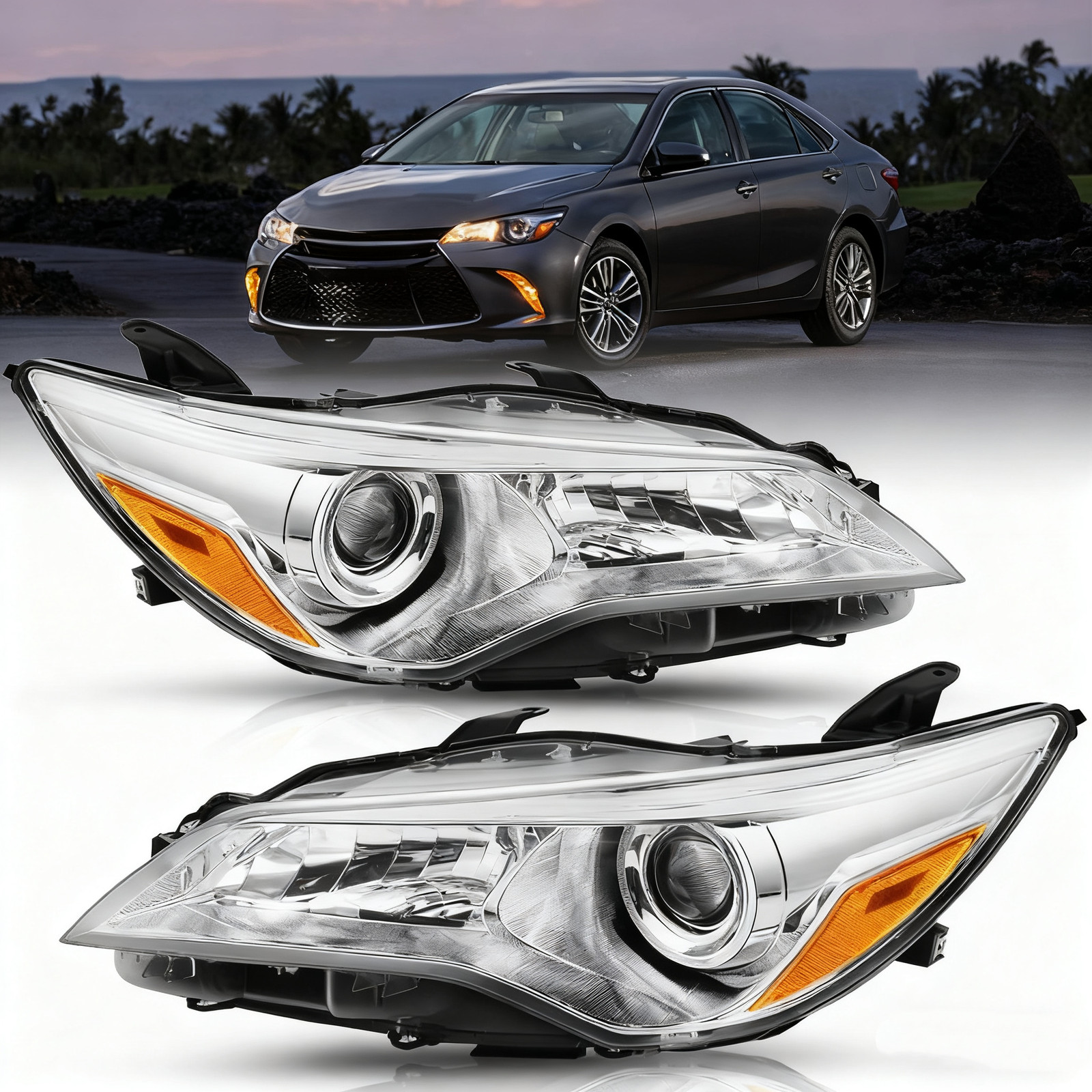 Pair Fits 2015-2017 Toyota Camry LE/SE/XLE Headlights Headlamp Assembly Chrome