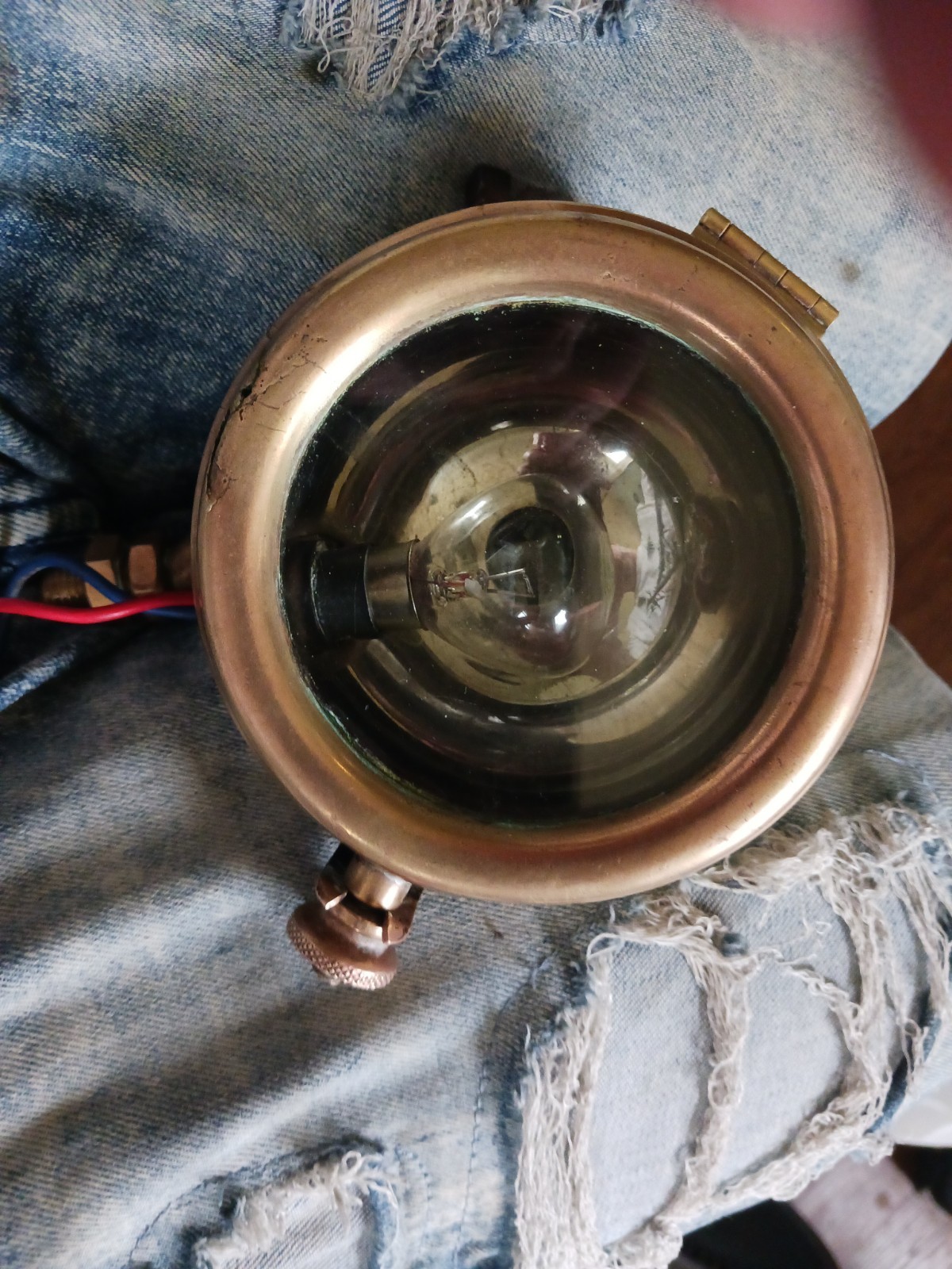 Vintage Unique Antique Solid Brass Headlight With Red Crystal Gem On The Back