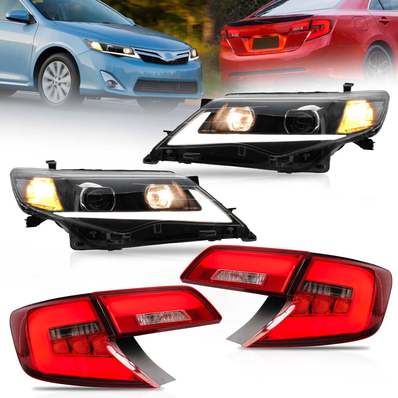 Headlights Fit 2012-2014 Toyota Camry VLAND LED & Rear Tail Lights Assembly Sets