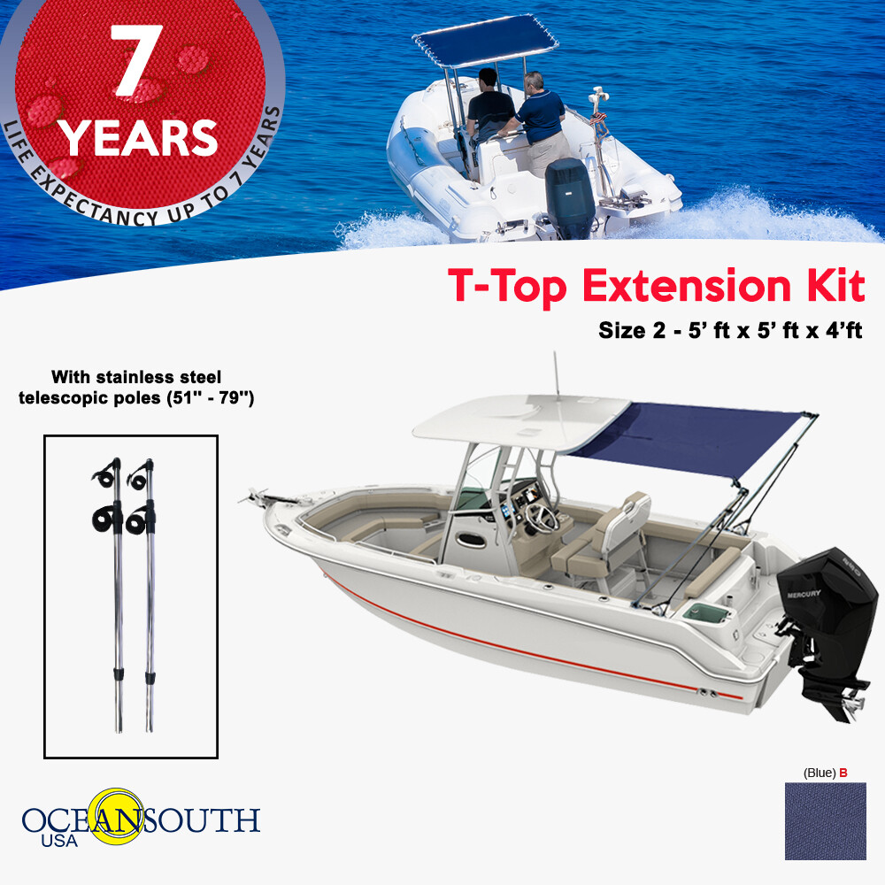 Oceansouth T-Top Extension Kit, Boat Stern Shade - Extends up to 5\' x 5\' Blue