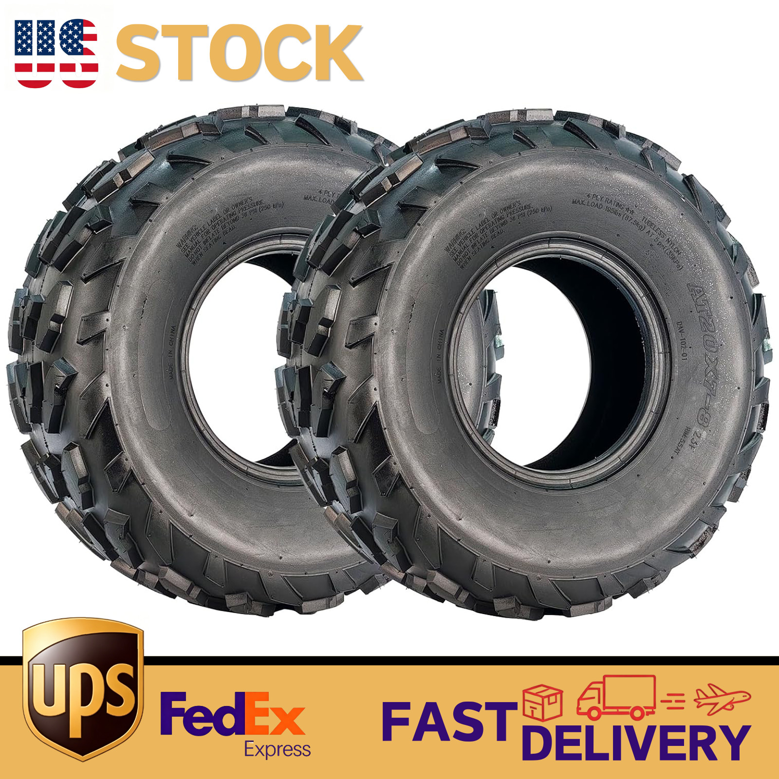Pair 20x7-8 ATV UTV Tires All Terrain AT 4 Ply Rated 20x7x8 20 7 8 Tubeless Mud