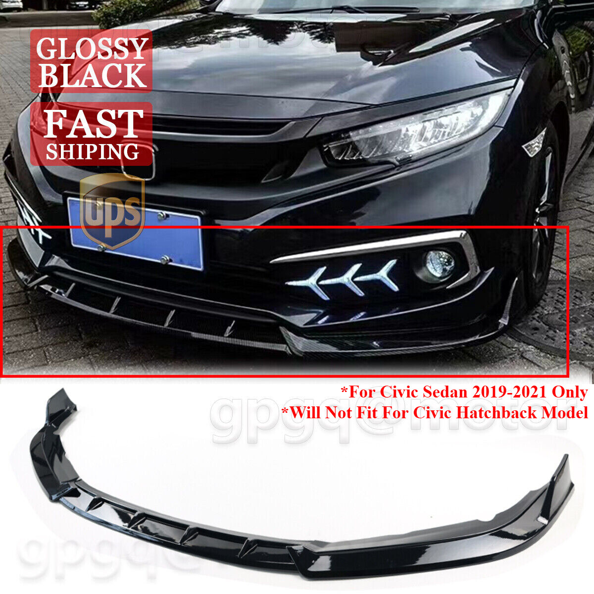 For Honda Civic Sedan 2019-2021 Glossy Black GT Style Front Bumper Lip Splitter For Honda Civic Sedan 2019-2021 Glossy Black GT Style Front Bumper Lip Splitter