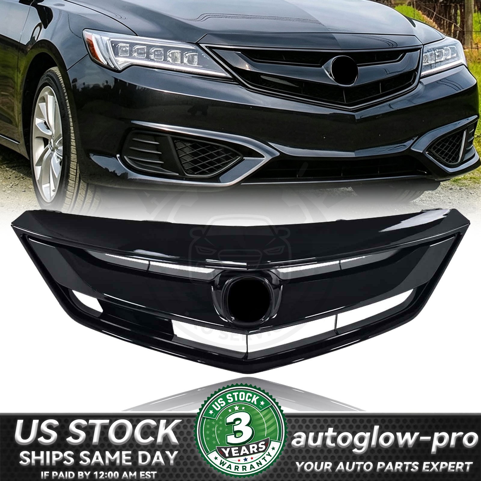 For 2016 2017 2018 Acura ILX Front Bumper Upper Grille W/ Gloss Black Molding