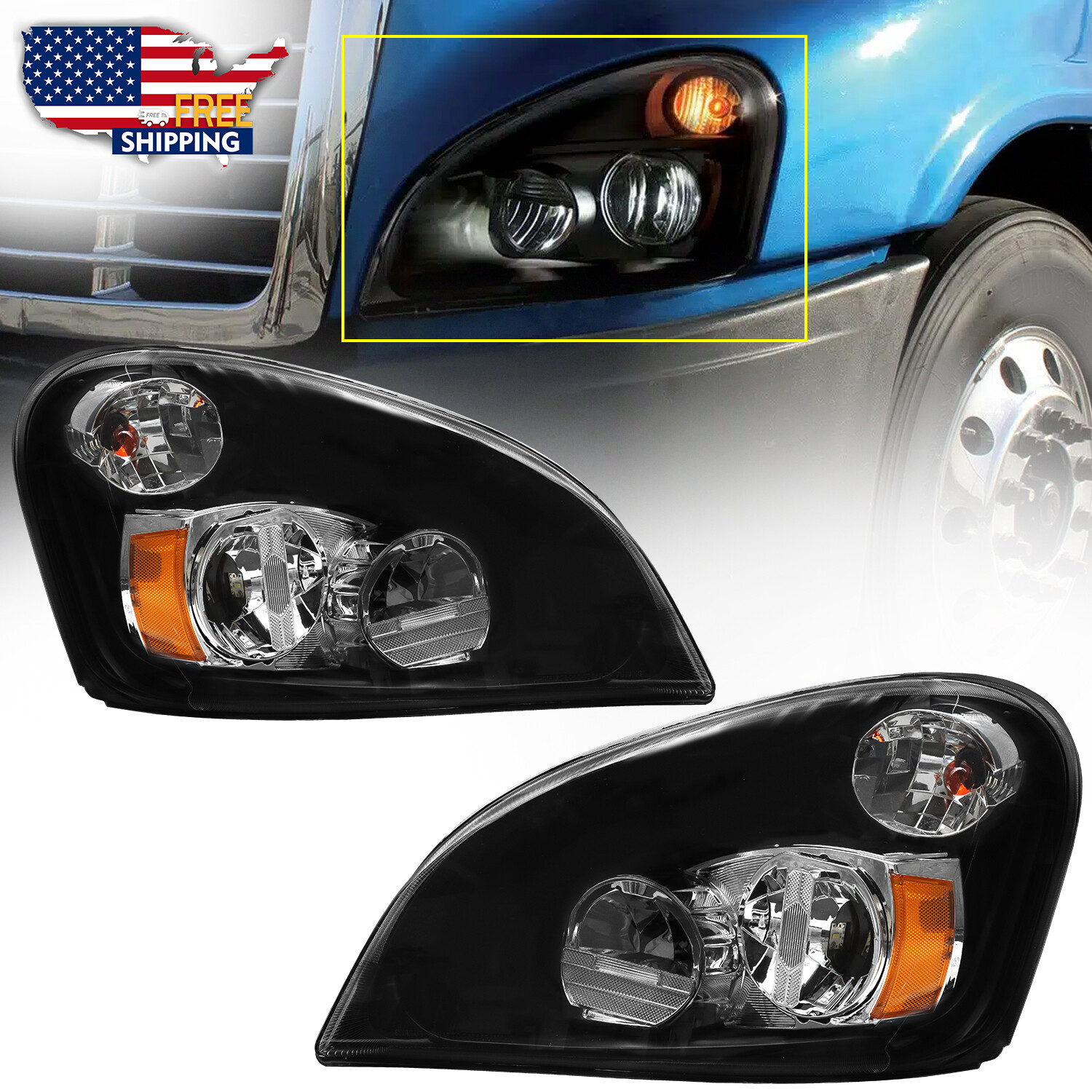 For 2008-2017 Freightliner Cascadia Black LED Headlight Headlamp Left Right Pair