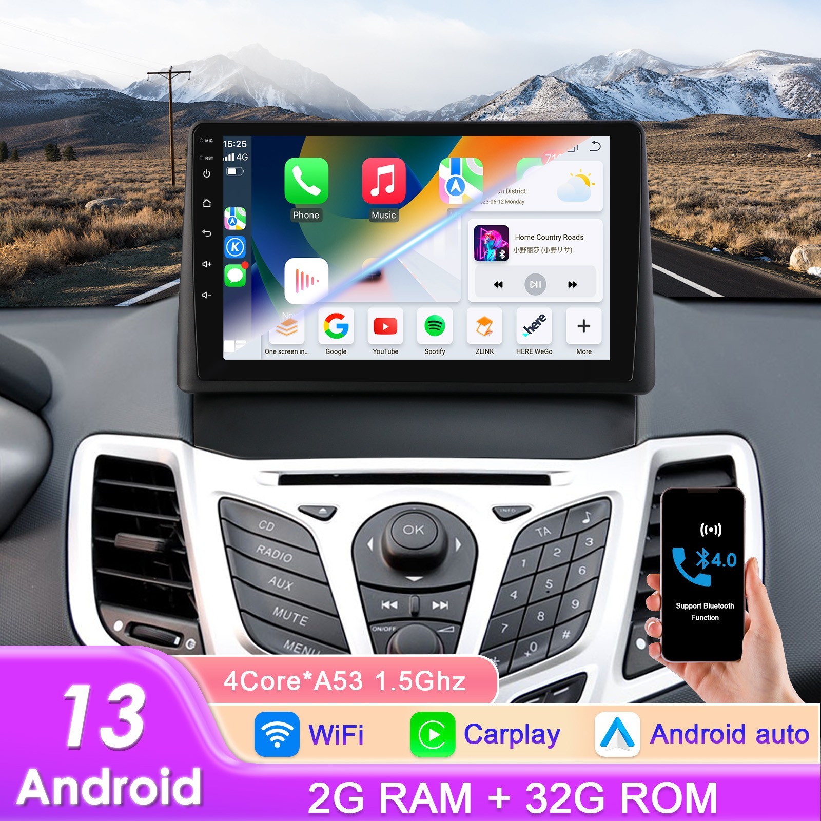 9\'\' Apple Carplay For Ford Fiesta 2009-2016 Android 14 Car Stereo Radio GPS NAVI