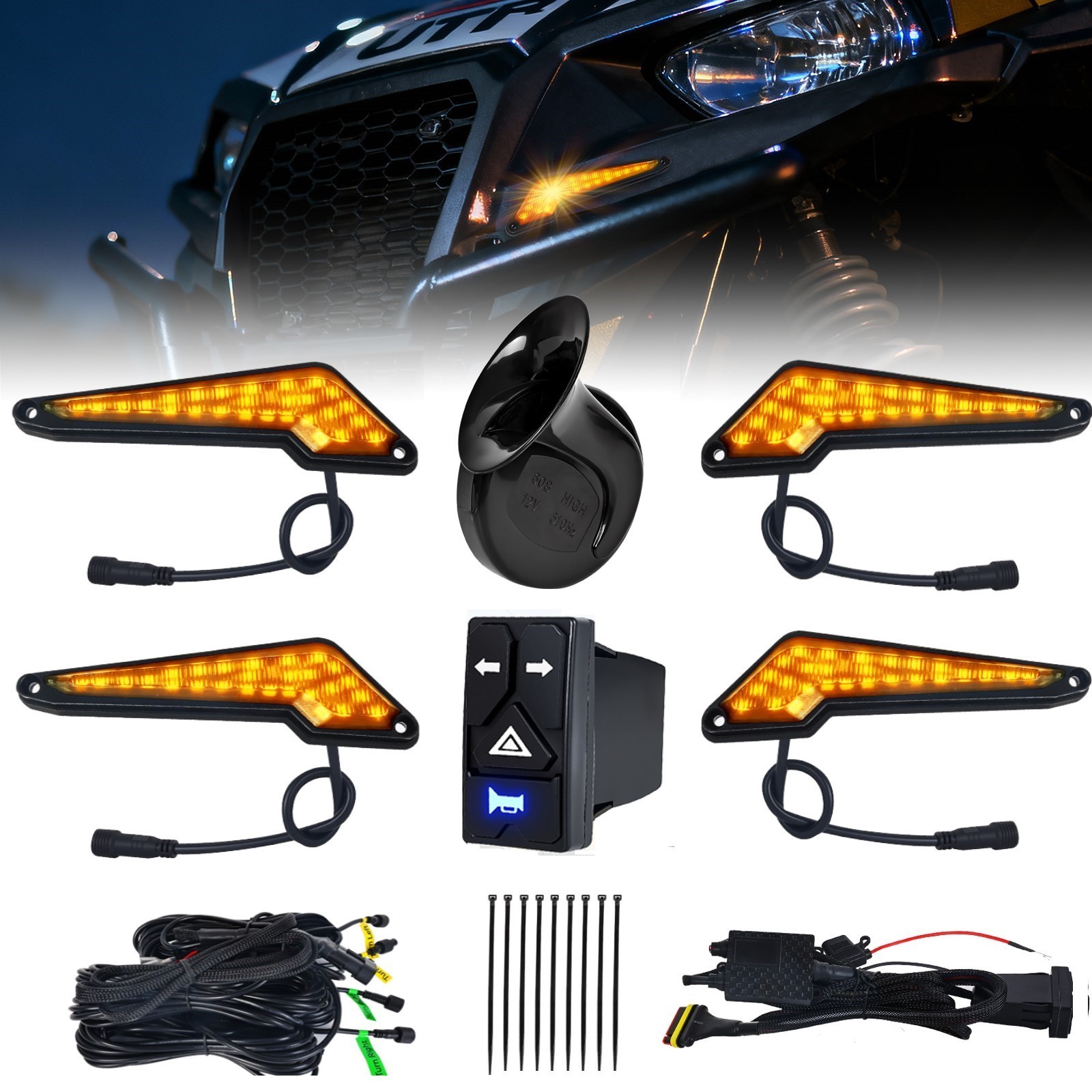 UTV Turn Signal Kit with Upgrade 4-in-1 Rocker Switch and Triangular Amber Light