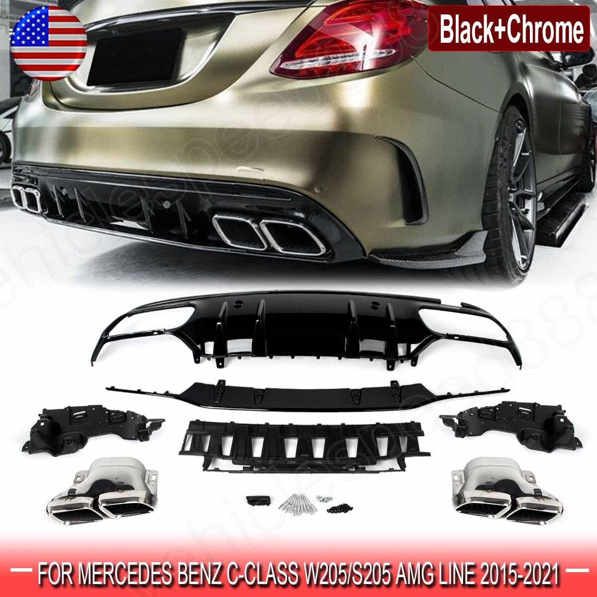 For Mercedes Benz C-Class W205 Sedan Rear Bumper Diffuser W/ Chrome Exhaust Tips