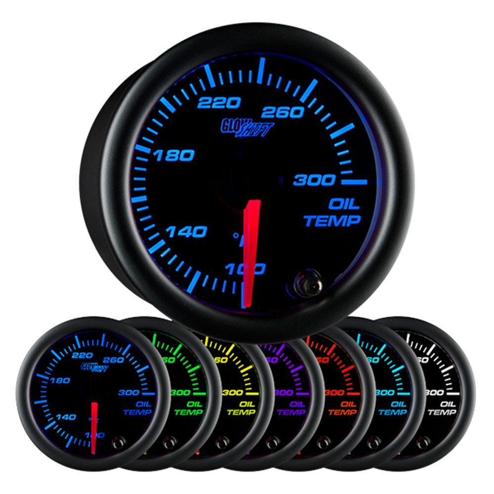 GlowShift Engine Oil Temp Gauge Kit w/ Sensor Sending Unit, Black 7 Color