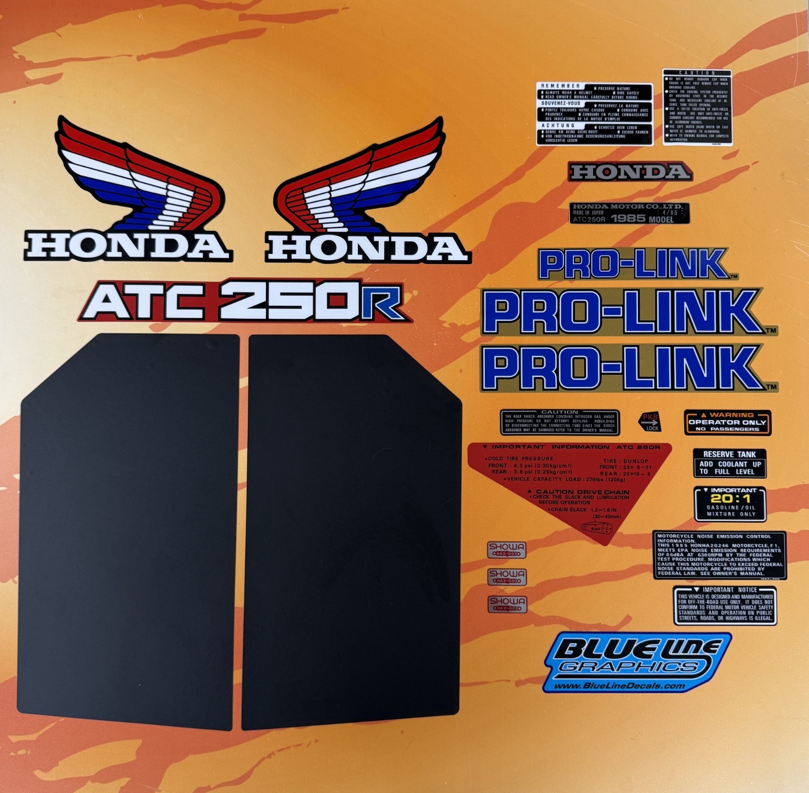 Honda 1985 ATC250R Complete Decal Kit OEM Fenders ATC 250R 250 85