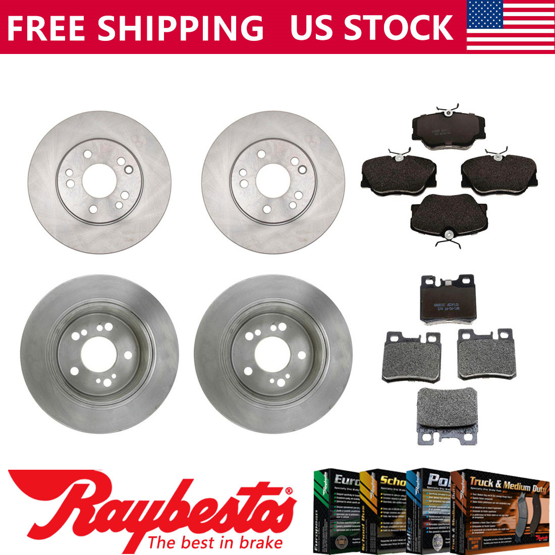 For 1988-1990 Mercedes-Benz 300TE Front Rear Brake Rotors & Metallic Brake Pads