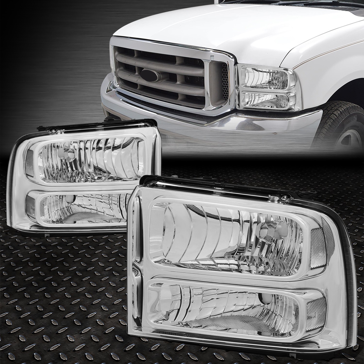 FOR 05-07 FORD F250 F350 SUPER DUTY CHROME HOUSING CLEAR CORNER HEADLIGHT LAMPS FOR 05-07 FORD F250 F350 SUPER DUTY CHROME HOUSING CLEAR CORNER HEADLIGHT LAMPS