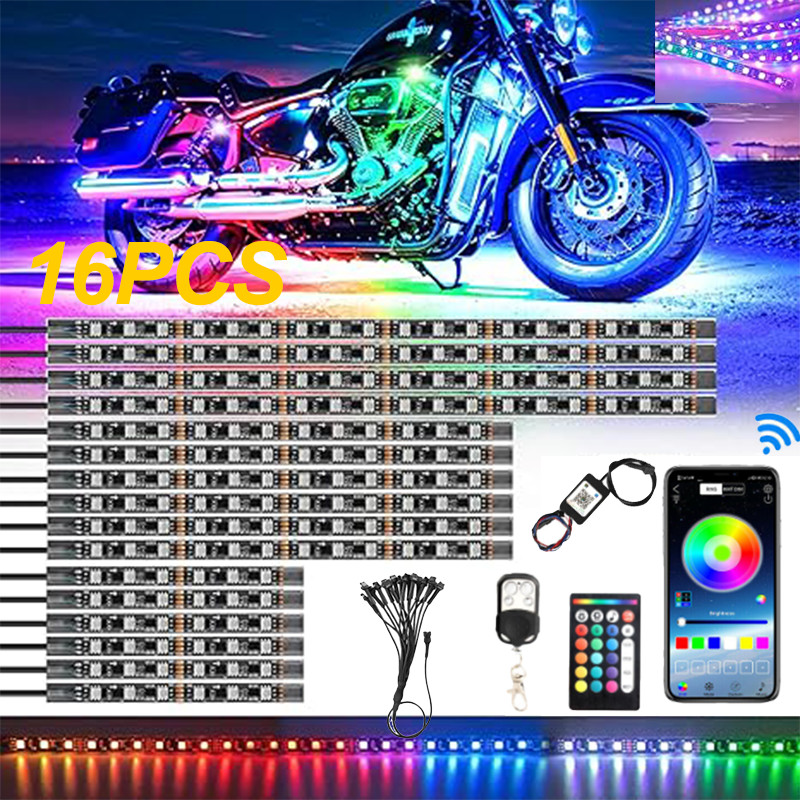 16 PCS Motorcycle RGB LED Strip Light Under Glow Neon Kit Bluetooth APP Control.