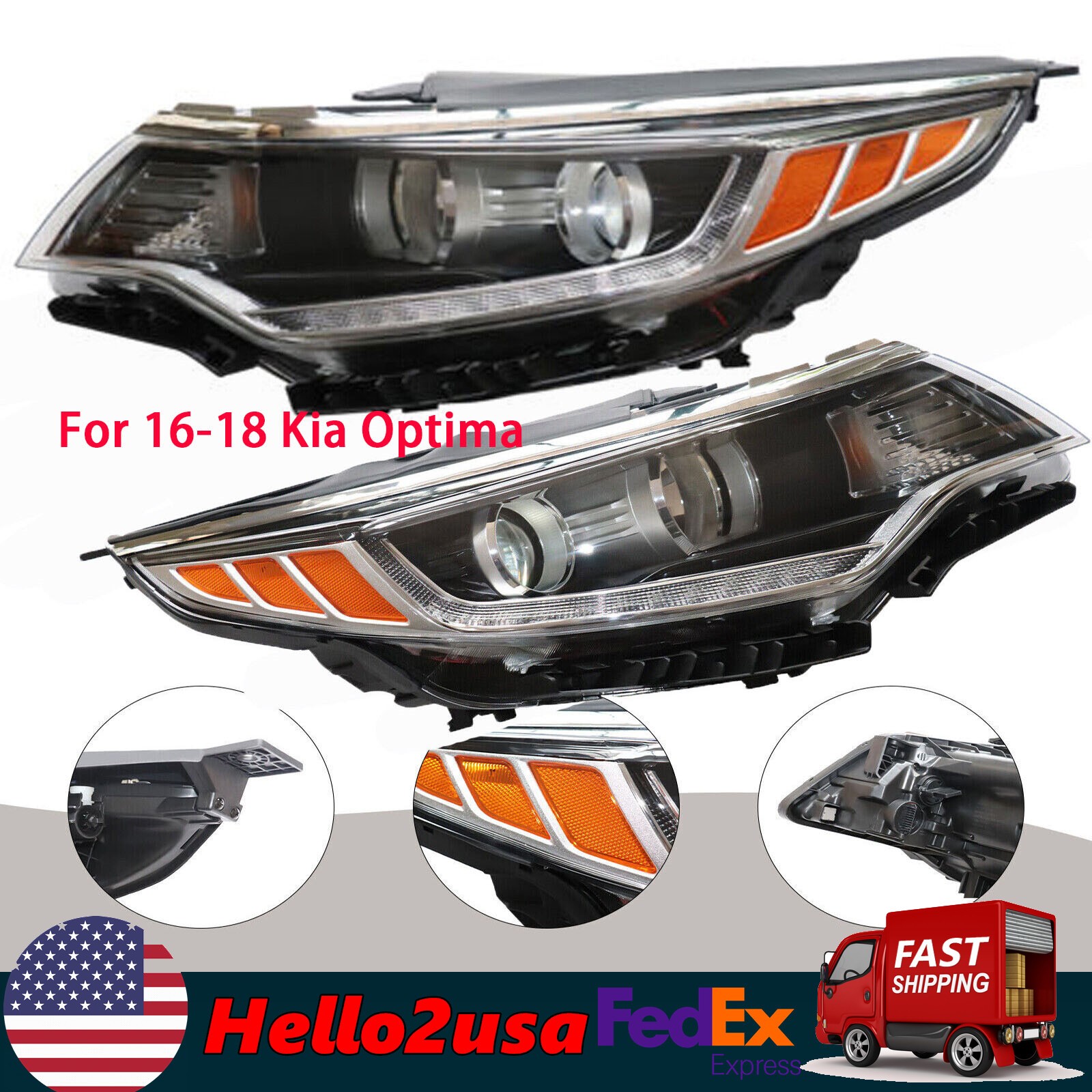 Pair Headlights For 2016 2017 2018 Kia Optima Projector Left+Right with LED DRL